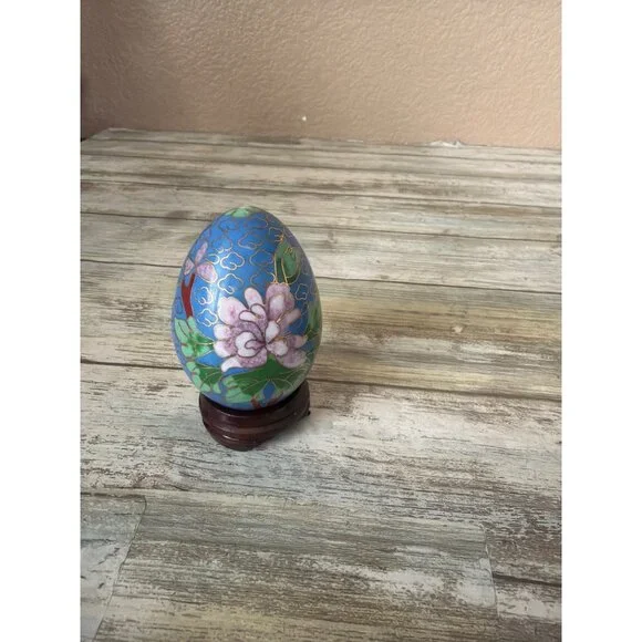 Set of 3 Asian Cloisonné Enamel Floral Eggs w/Wooden Stands Vintage Pre-owned - Picture 2 of 12